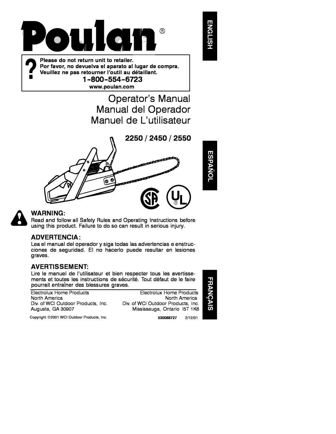 Poulan 2001-02 manual Operator’s Manual Manual del Operador, Manuel de L’utilisateur, 2250, Advertencia, Avertissement 