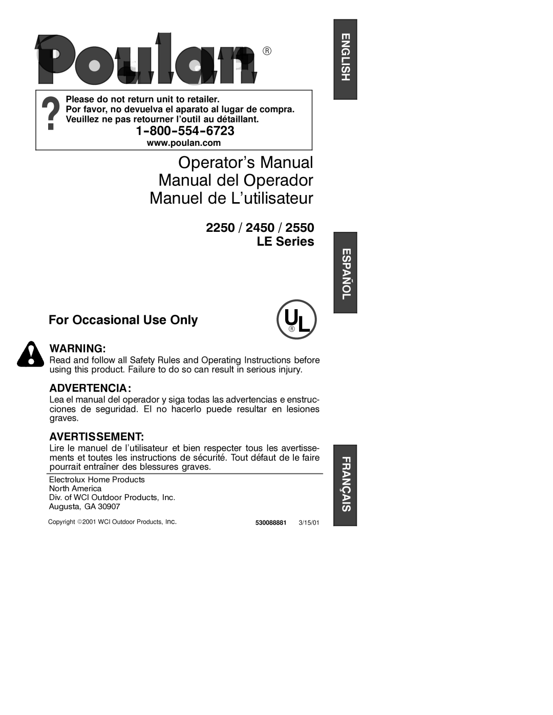 Poulan 2001-03 operating instructions 2250 / 2450 / 2550 LE Series For Occasional Use Only 