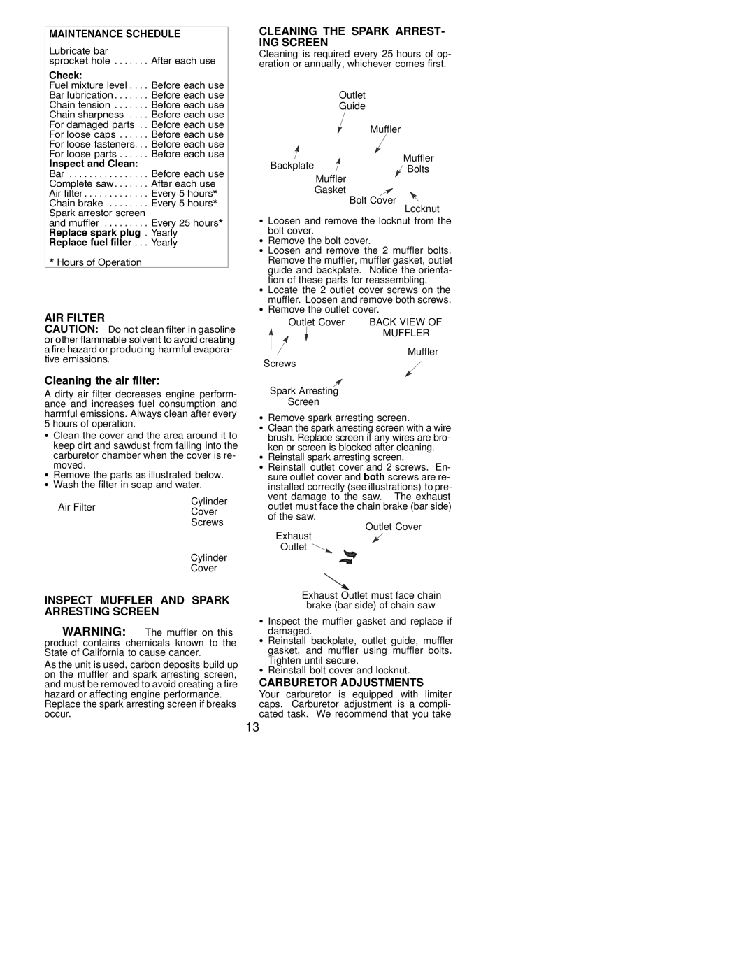Poulan 2001-03 AIR Filter, Cleaning the Spark ARREST- ING Screen, Inspect Muffler and Spark Arresting Screen 