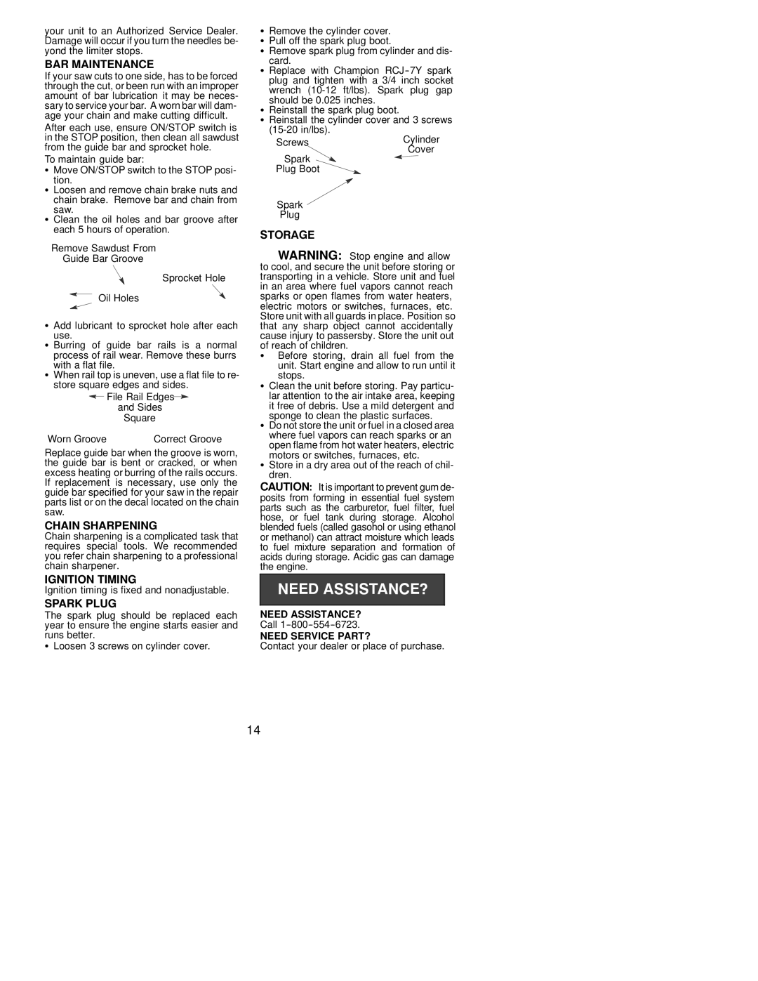 Poulan 2001-03 operating instructions BAR Maintenance, Chain Sharpening, Ignition Timing, Spark Plug, Storage 