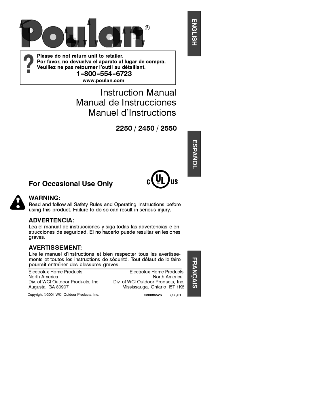 Poulan 530086526, 2001-07 instruction manual Manual de Instrucciones Manuel d’Instructions 