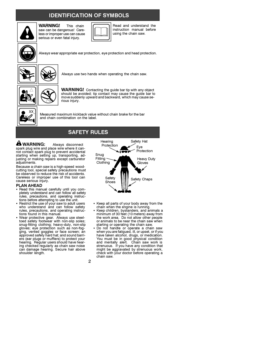 Poulan 2001-07, 530086526 instruction manual Plan Ahead, Hearing Afety Hat Protection Eye Snug Fitting 