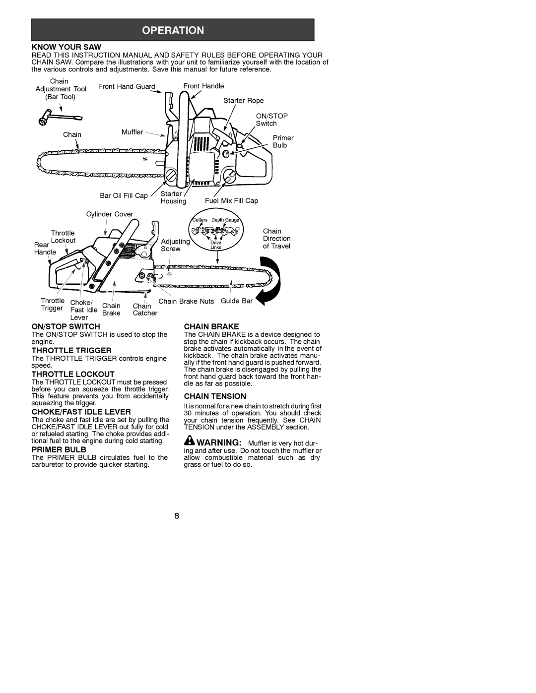 Poulan 2001-07 Know Your SAW, ON/STOP Switch, Throttle Trigger, Throttle Lockout, CHOKE/FAST Idle Lever, Primer Bulb 