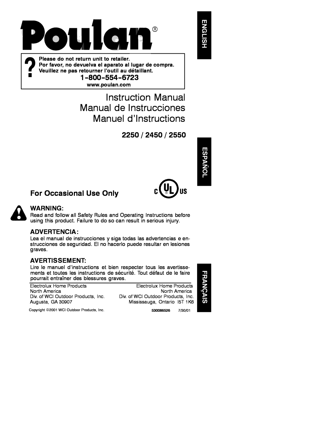Poulan 530086526, 2001-07 instruction manual Instruction Manual Manual de Instrucciones Manuel d’Instructions, Advertencia 