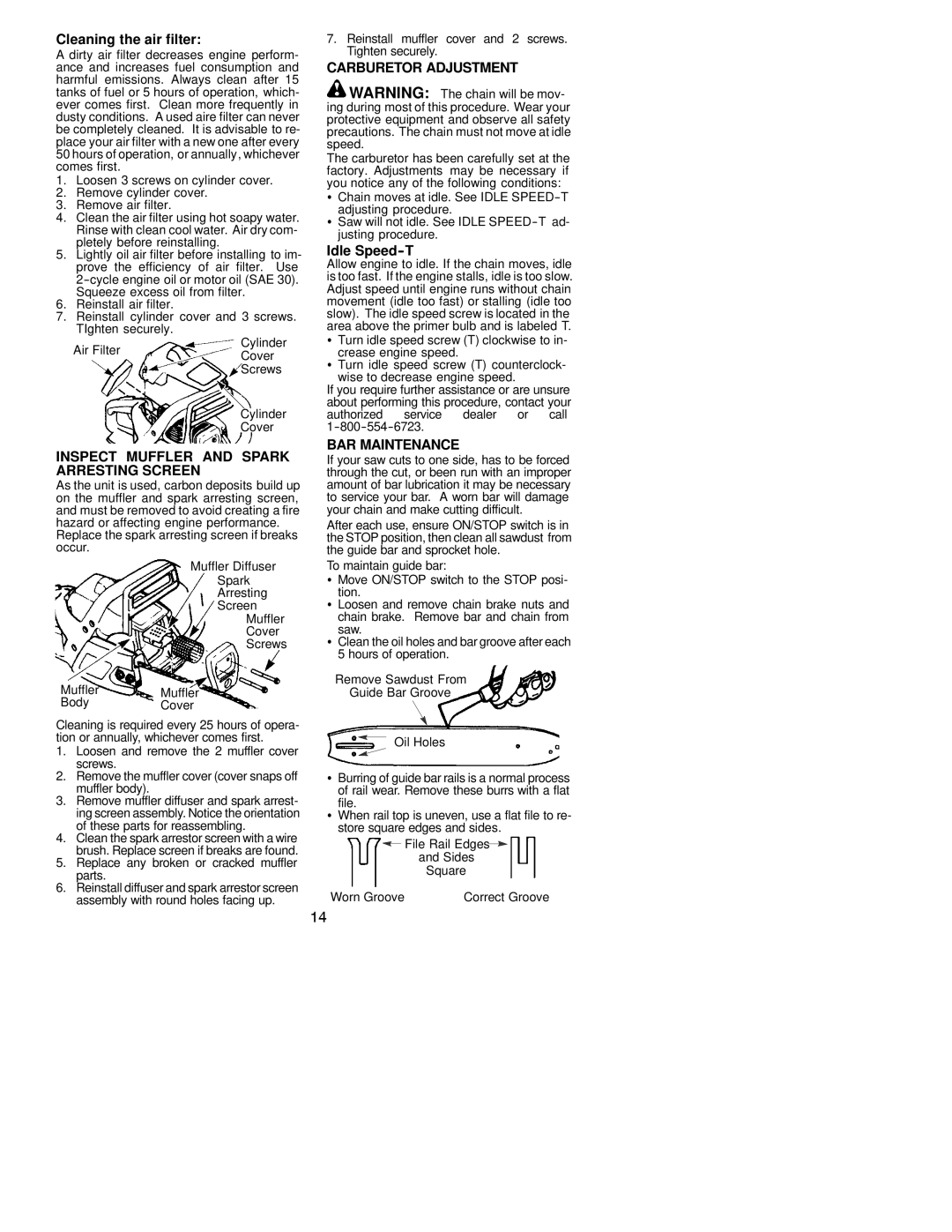 Poulan 2003-06 Cleaning the air filter, Inspect Muffler and Spark Arresting Screen, Carburetor Adjustment, Idle Speed-T 