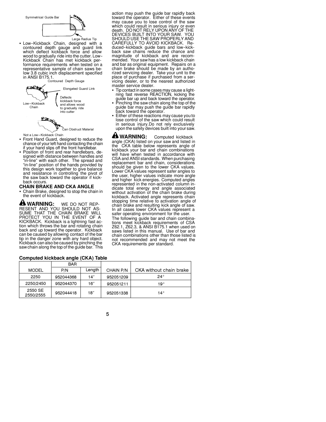 Poulan 2003-06 instruction manual Chain Brake and CKA Angle, Computed kickback angle CKA Table, Back toward the operator 