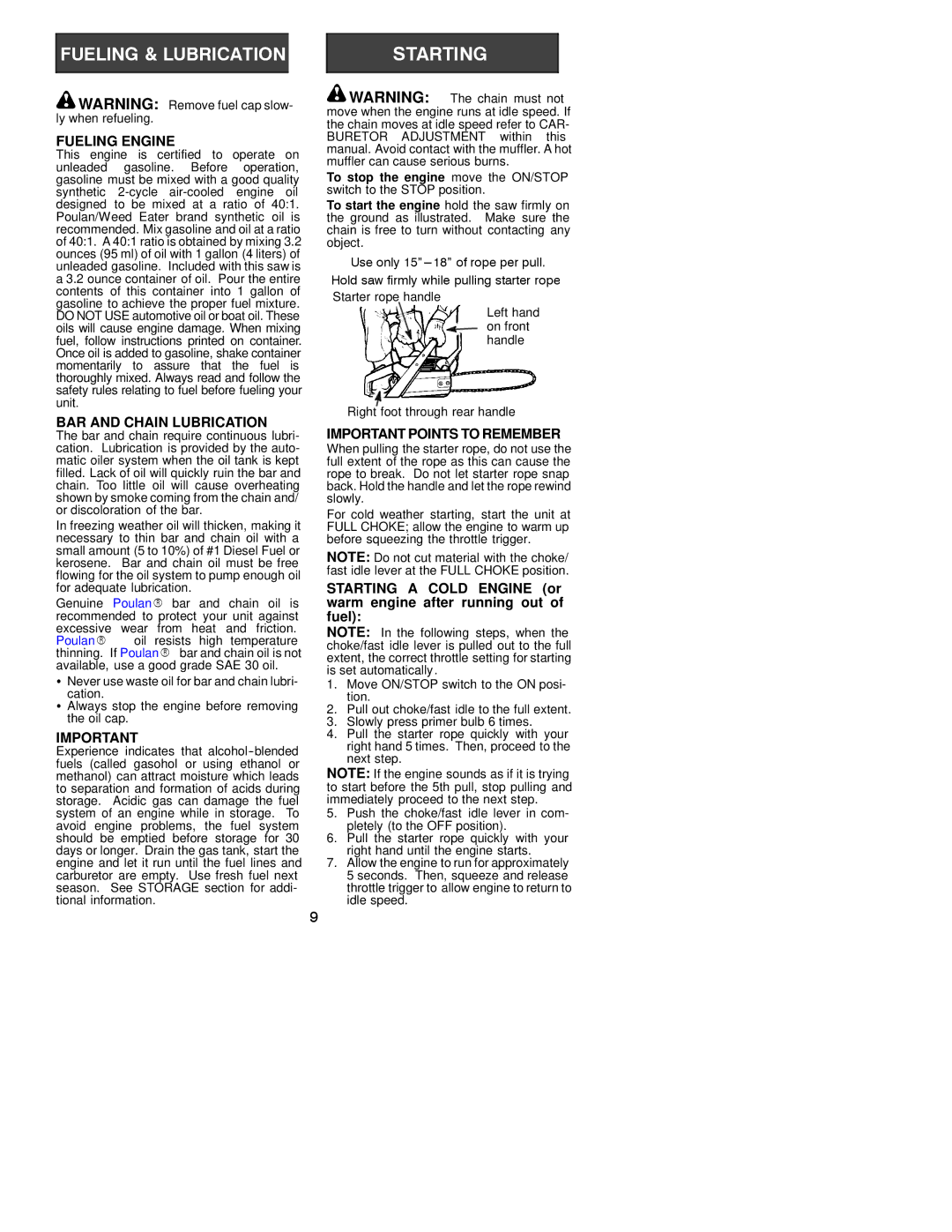 Poulan 2003-06 instruction manual Fueling Engine, BAR and Chain Lubrication, Important Points to Remember 