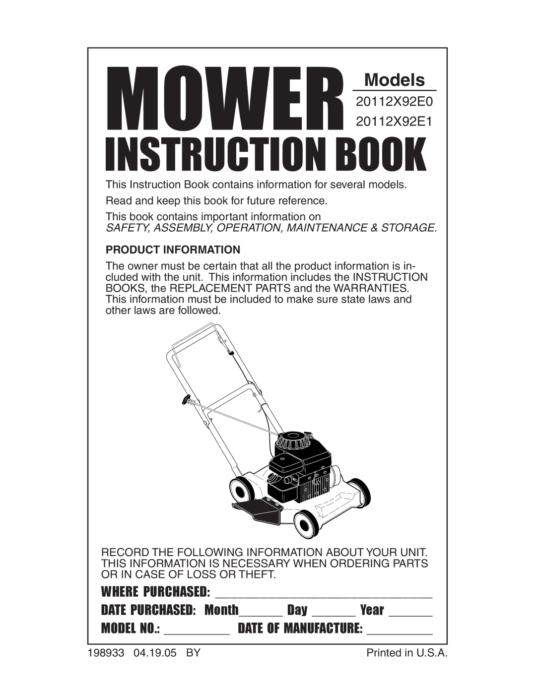 Poulan 20112X92E1, 20112X92E0, 198933 manual Mower Models, Product Information 