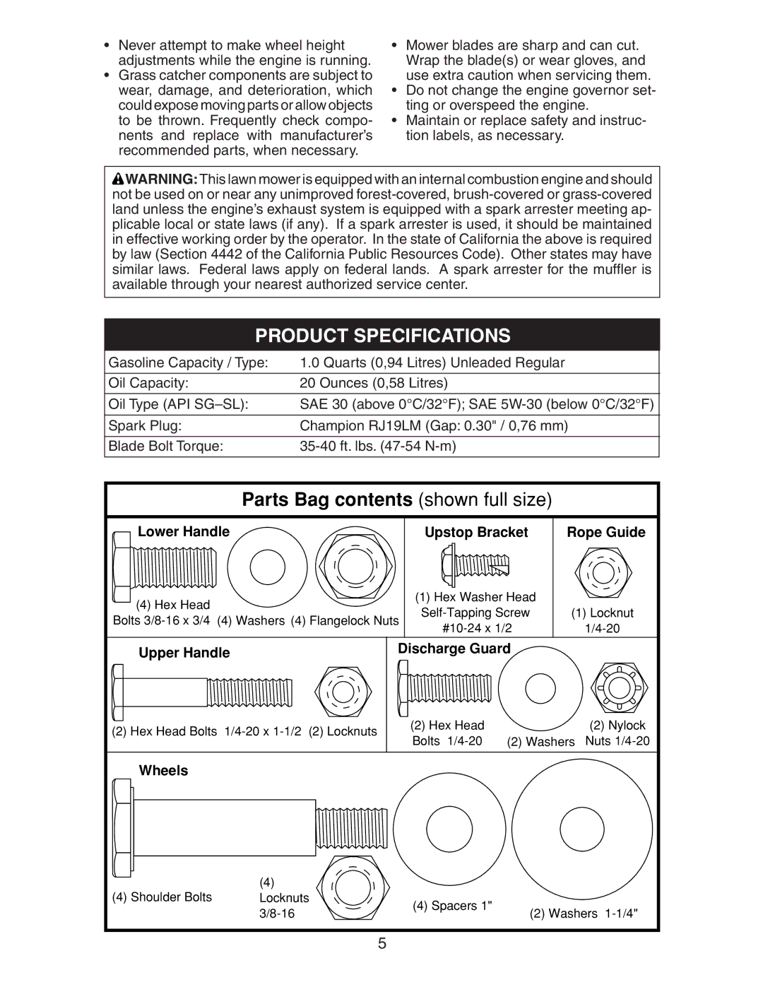 Poulan 198933, 20112X92E0, 20112X92E1 manual Product Specifications, Parts Bag contents shown full size 