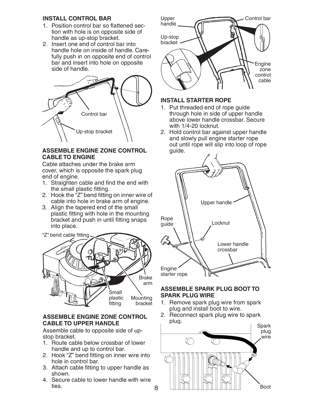 Poulan 198933 Install Control BAR, Install Starter Rope, Assemble Engine Zone Control Cable to Engine, Spark Plug Wire 