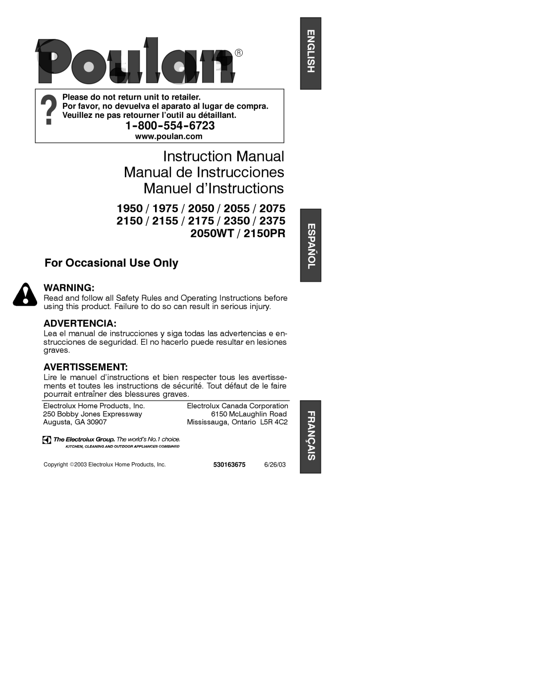 Poulan 2050WT instruction manual 530163675, 26/03 