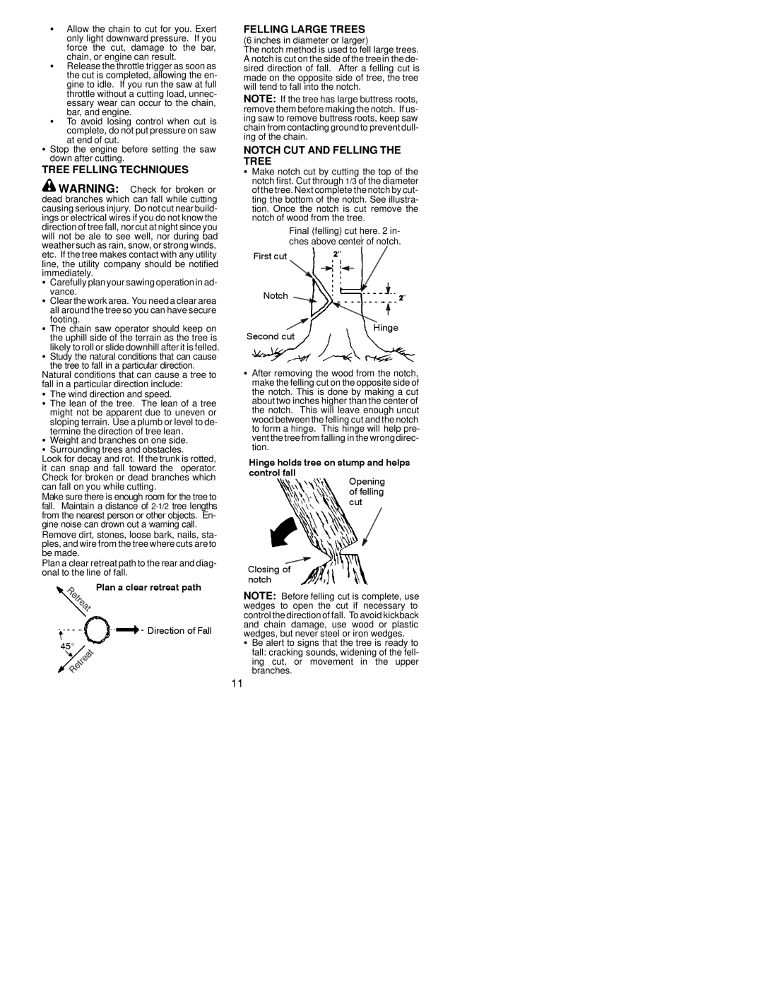 Poulan 2050WT Tree Felling Techniques Felling Large Trees, Notch CUT and Felling the Tree, Direction of Fall 
