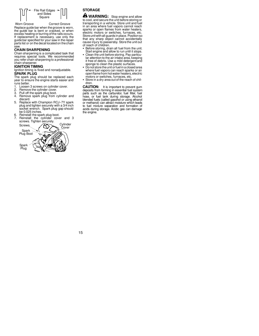 Poulan 2050WT instruction manual Chain Sharpening, Ignition Timing, Spark Plug, Storage 