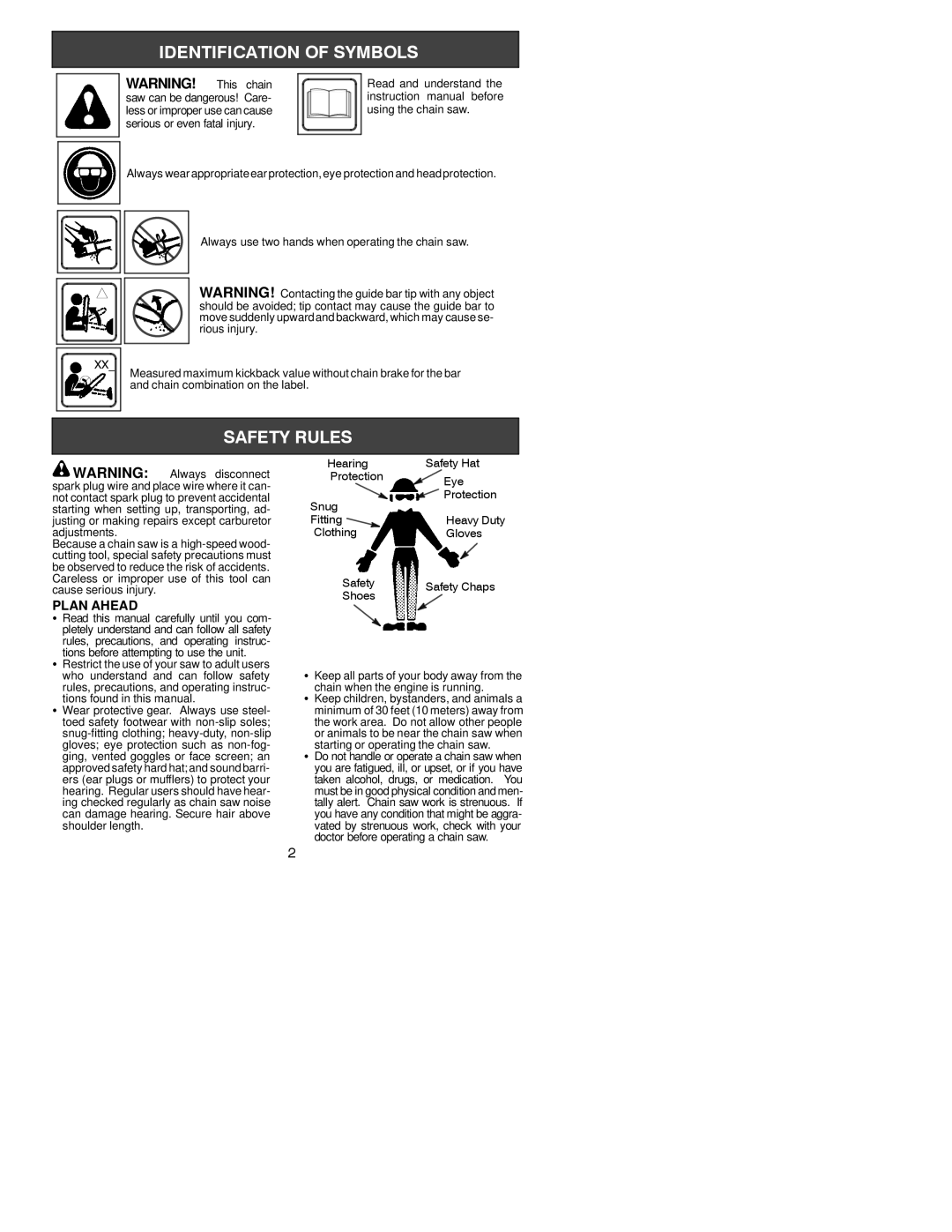 Poulan 2050WT Plan Ahead, Hearing Afety Hat Prote ction Eye Protection Snug Fitting, Starting or operating the chain saw 