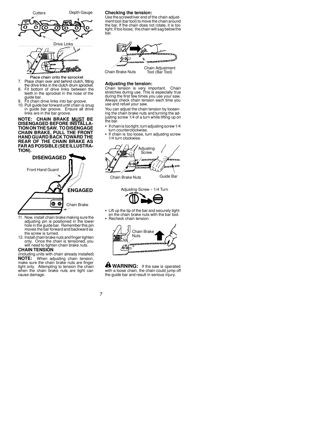 Poulan 2050WT instruction manual Checking the tension, Chain Tension, Adjusting the tension 