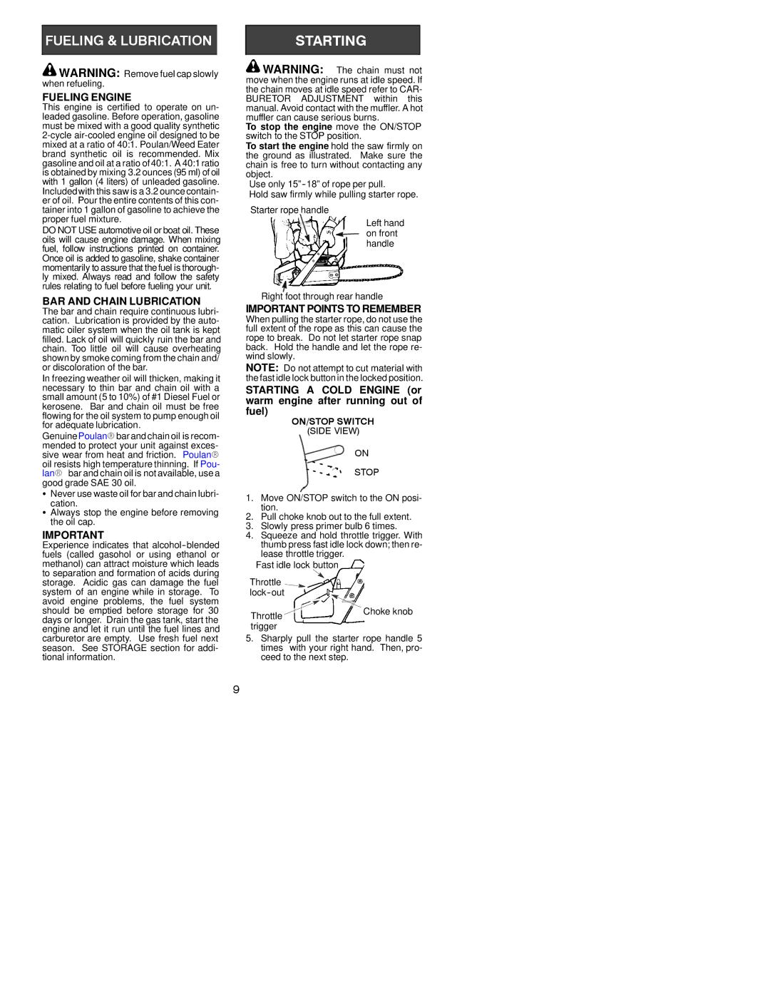 Poulan 2050WT instruction manual Fueling Engine, BAR and Chain Lubrication, Important Points to Remember 