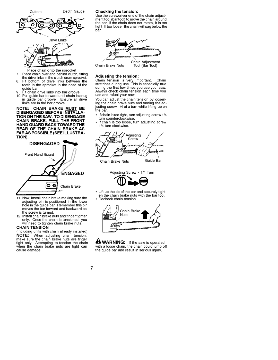 Poulan 1950, 2055 instruction manual Checking the tension, Chain Tension, Adjusting the tension 