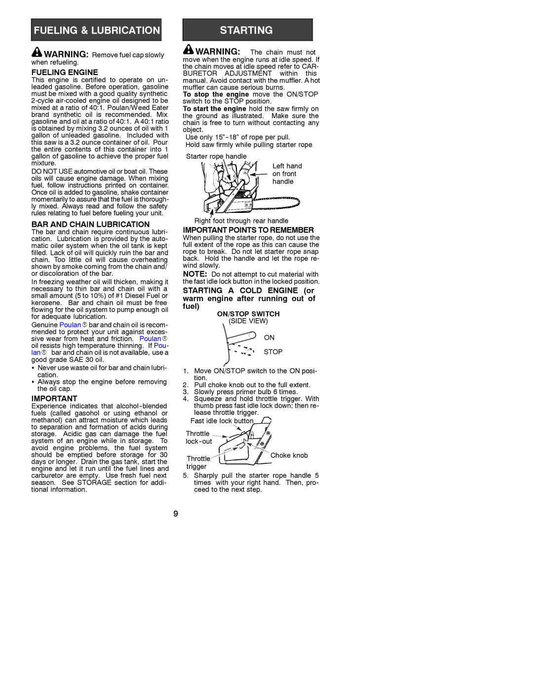 Poulan 1950, 2055 instruction manual Fueling Engine, BAR and Chain Lubrication, Important Points to Remember 