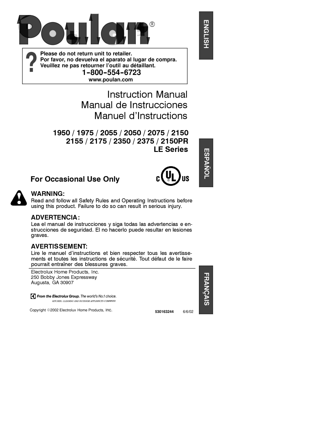 Poulan 2050, 2075, 1975, 2055, 1950, 2175, 2375, 2350, 2155, 2150 instruction manual Manual de Instrucciones Manuel d’Instructions 