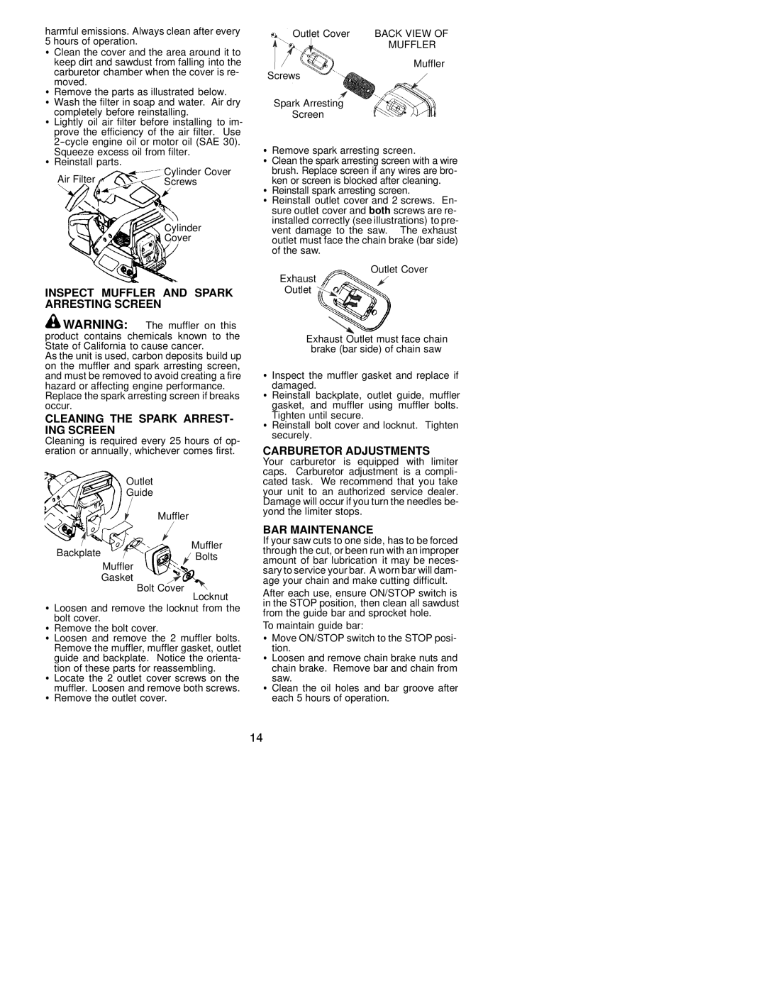 Poulan 2055 Inspect Muffler and Spark Arresting Screen, Cleaning the Spark ARREST- ING Screen, Carburetor Adjustments 