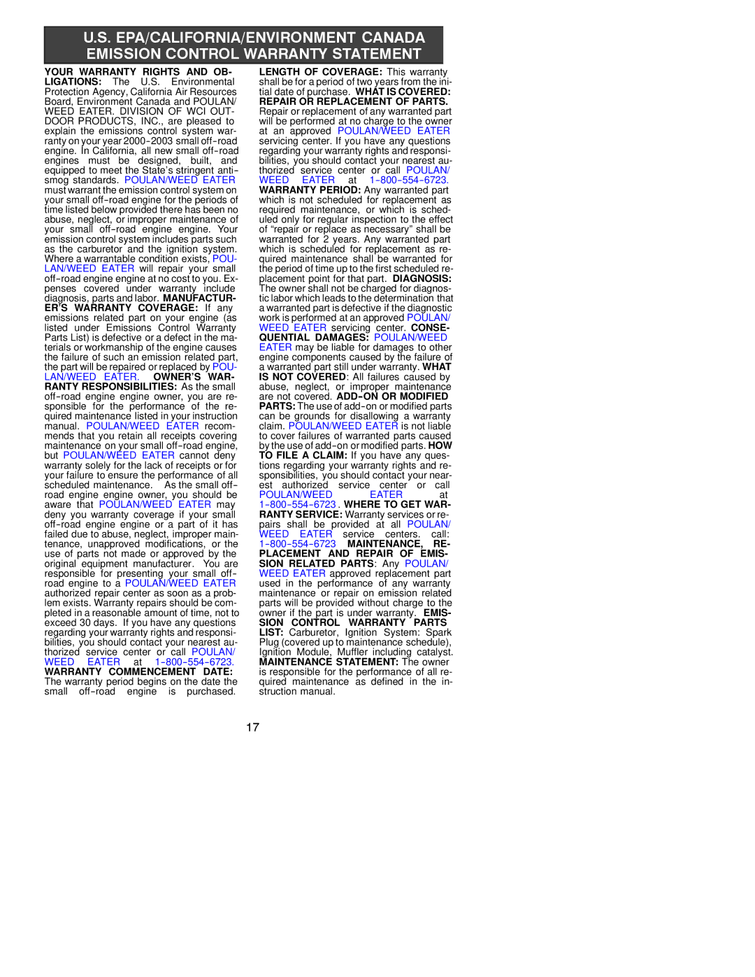 Poulan 2375, 2075, 2050, 1975, 2055, 1950, 2175, 2350, 2155, 2150 Your Warranty Rights and OB, Ligations The U.S. Environmental 