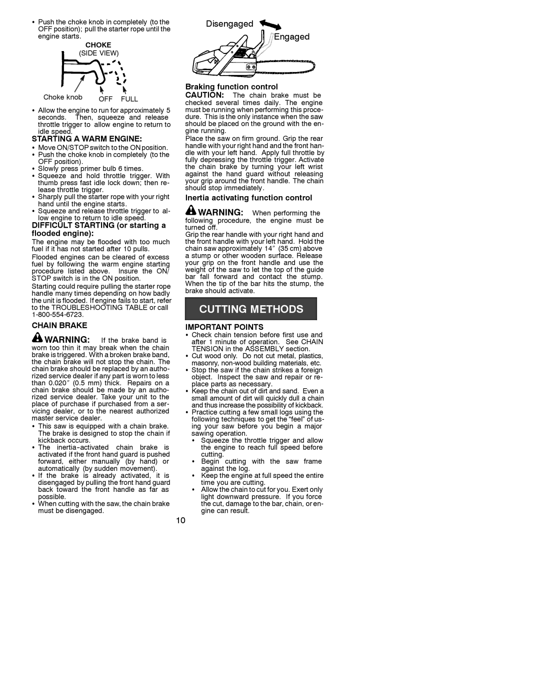 Poulan 2175 Starting a Warm Engine, Difficult Starting or starting a flooded engine, Inertia activating function control 