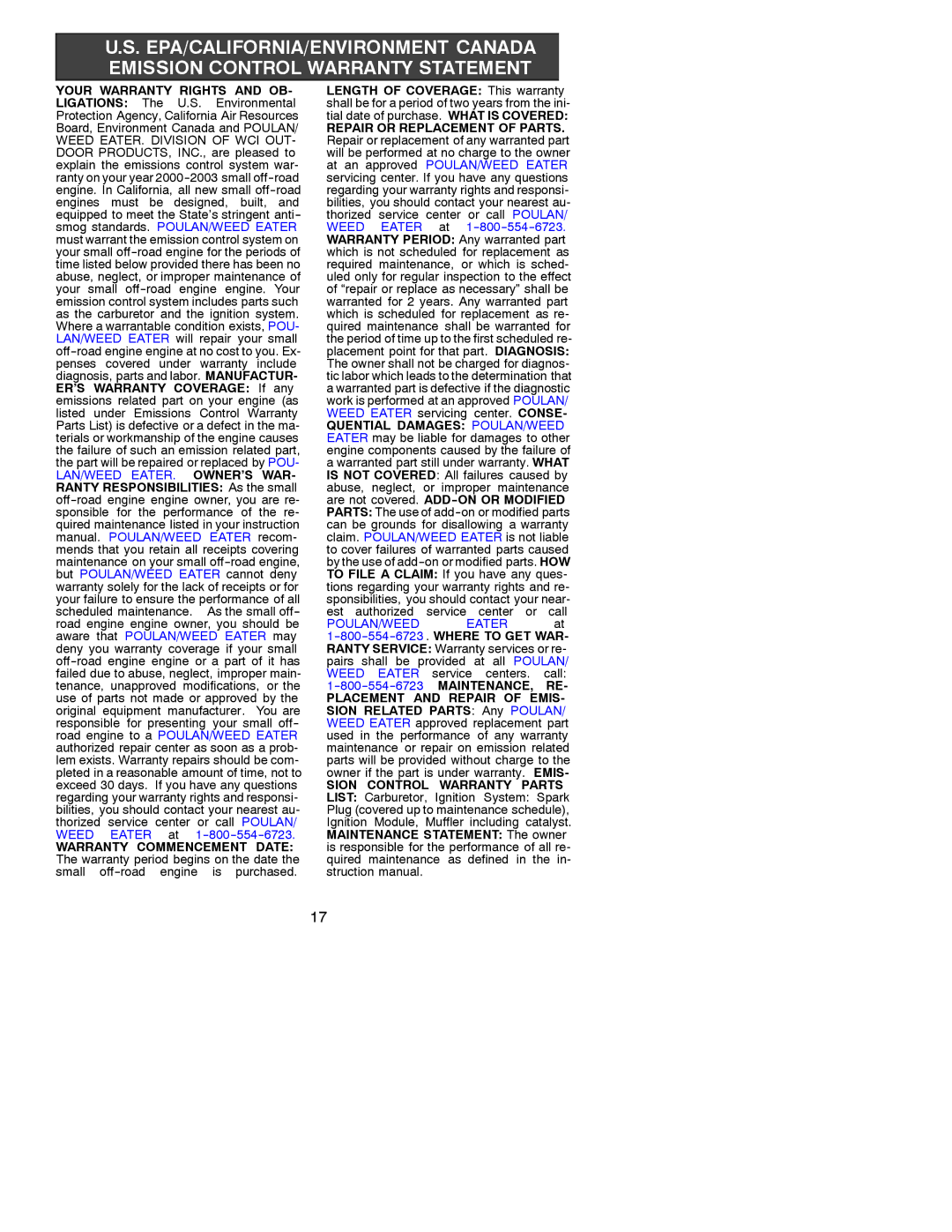 Poulan 2175, 2075, 2050, 2025, 2375, 2350, 2150 instruction manual Your Warranty Rights and OB, Ligations The U.S. Environmental 