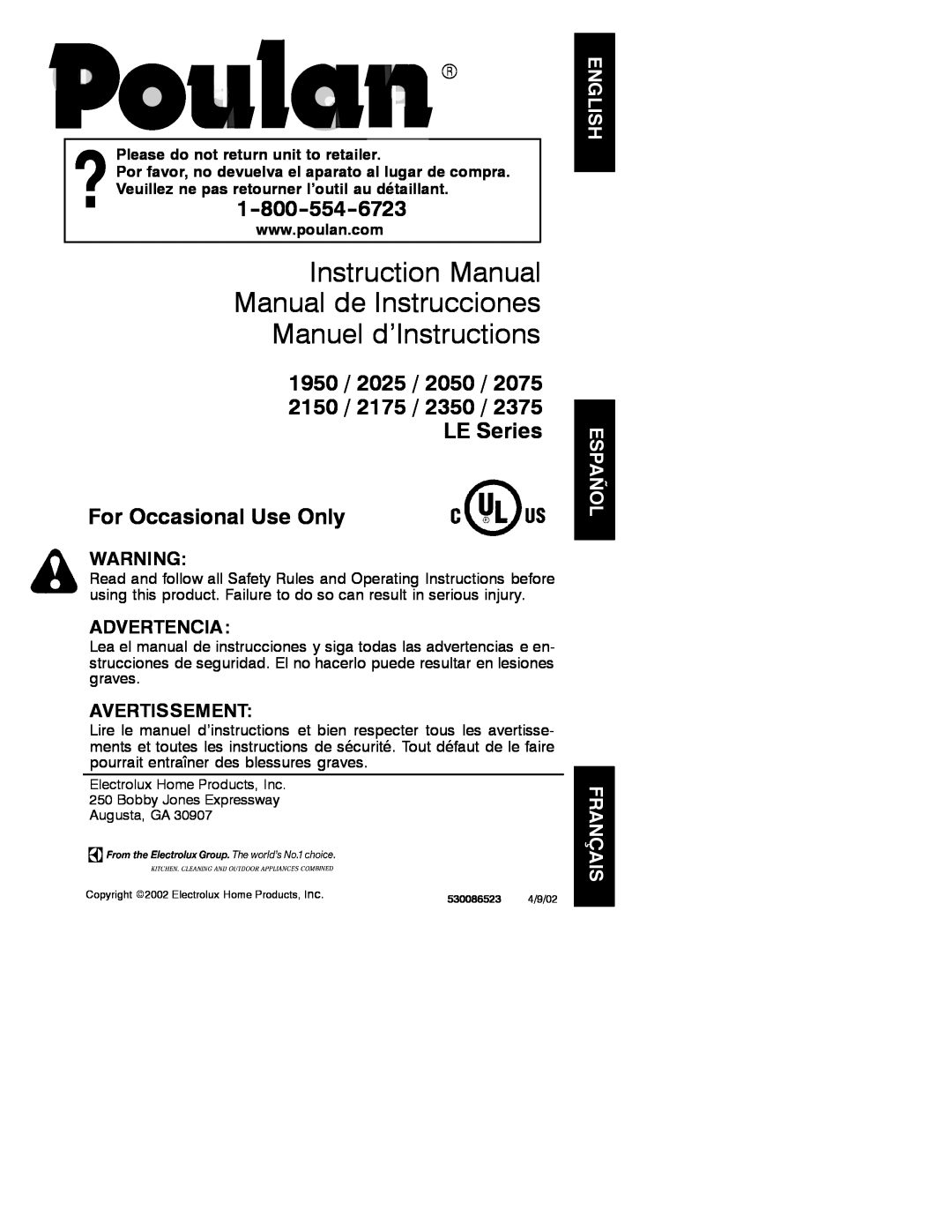 Poulan 2050, 2075, 1975, 2055 instruction manual Manuel d’Instructions, For Occasional Use Only, Advertencia, Avertissement 