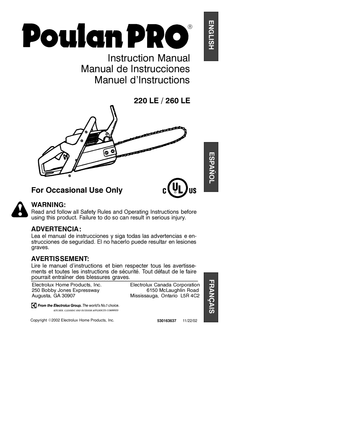 Poulan 220 LE, 260 LE instruction manual Manual de Instrucciones Manuel d’Instructions 