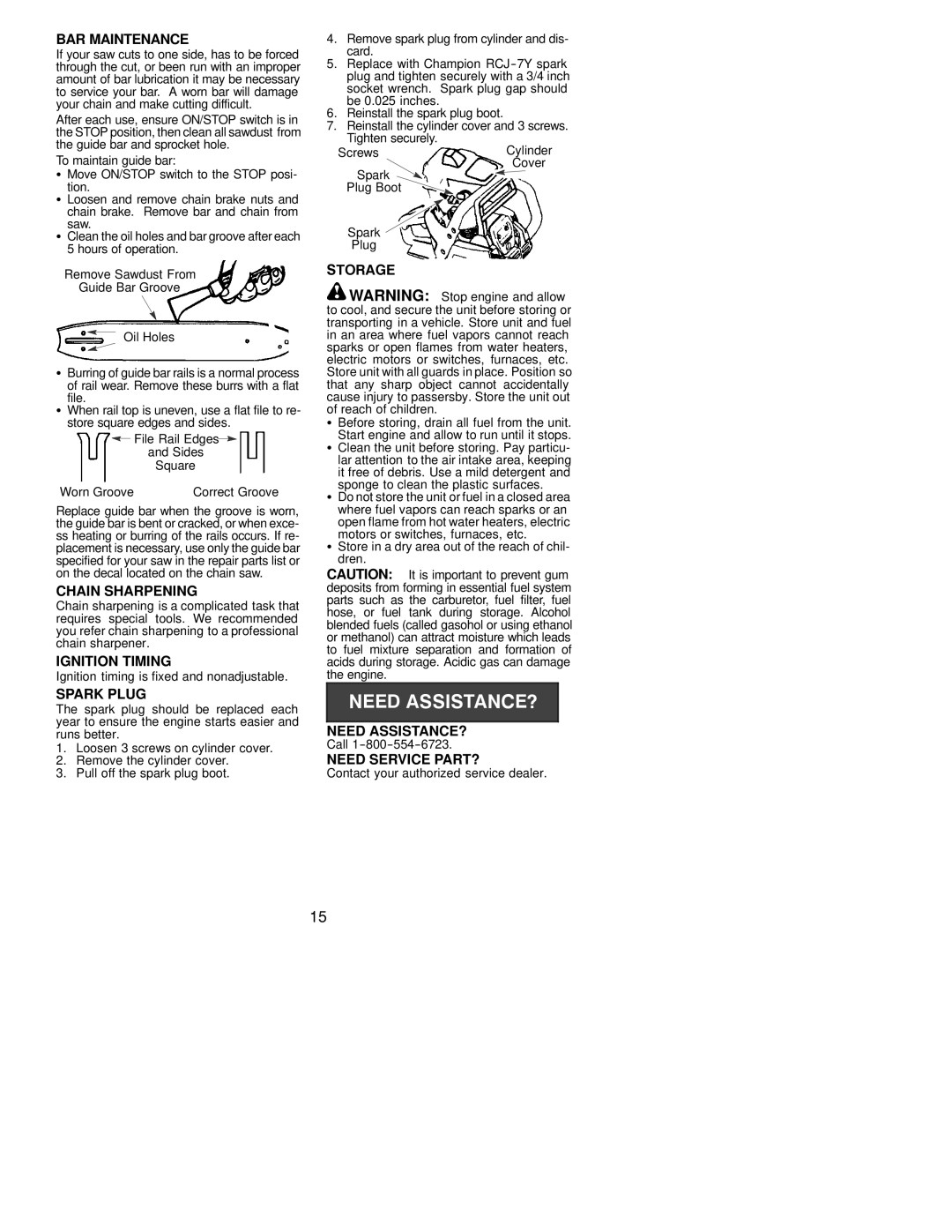 Poulan 220 LE, 260 LE BAR Maintenance, Chain Sharpening, Ignition Timing, Spark Plug, Need ASSISTANCE?, Need Service PART? 