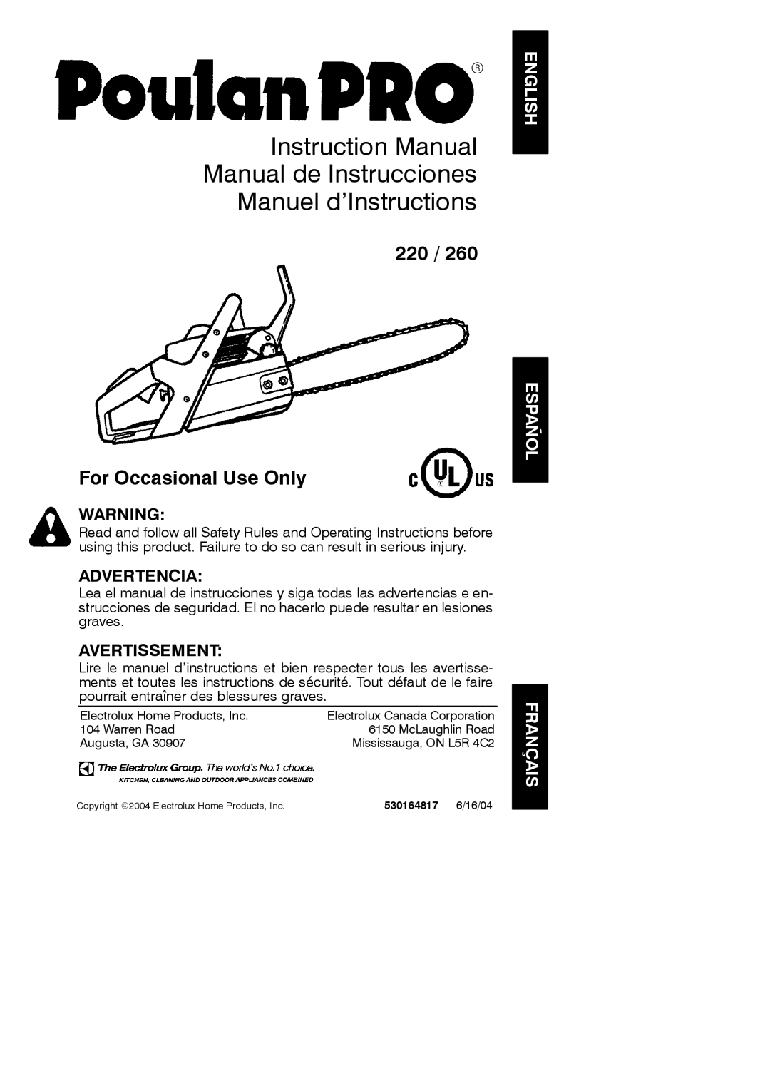 Poulan 220 instruction manual Manual de Instrucciones Manuel d’Instructions, English Español Français 