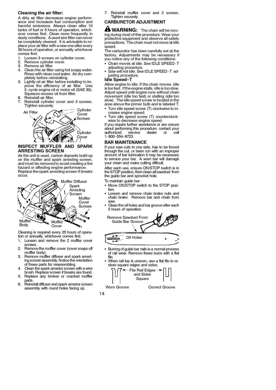 Poulan 220 Cleaning the air filter, Inspect Muffler and Spark Arresting Screen, Carburetor Adjustment, Idle Speed-T 