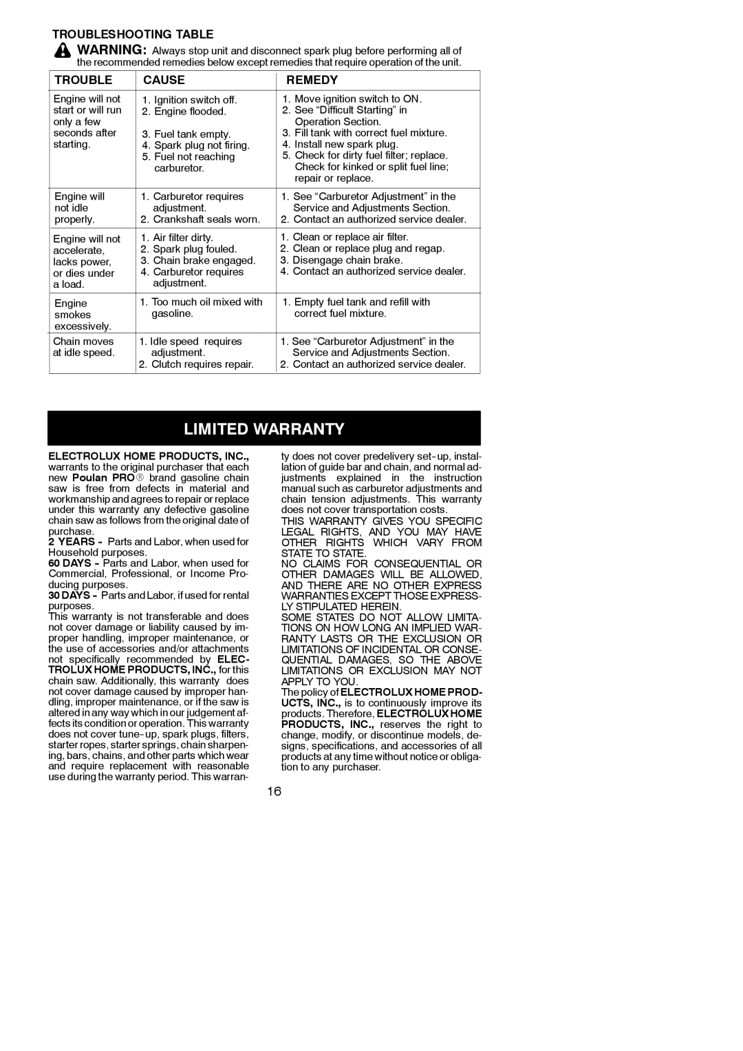 Poulan 220 instruction manual Limited Warranty, Load Adjustment Engine, Empty fuel tank and refill with 