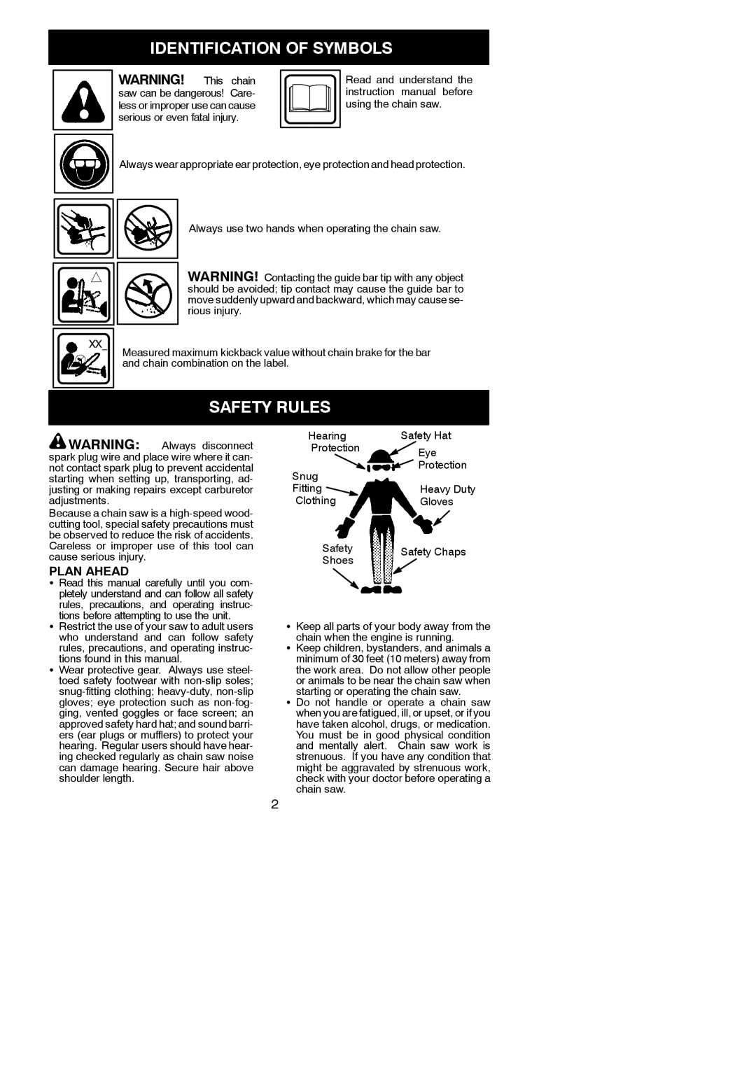 Poulan 220 instruction manual Identification of Symbols, Safety Rules, Plan Ahead 