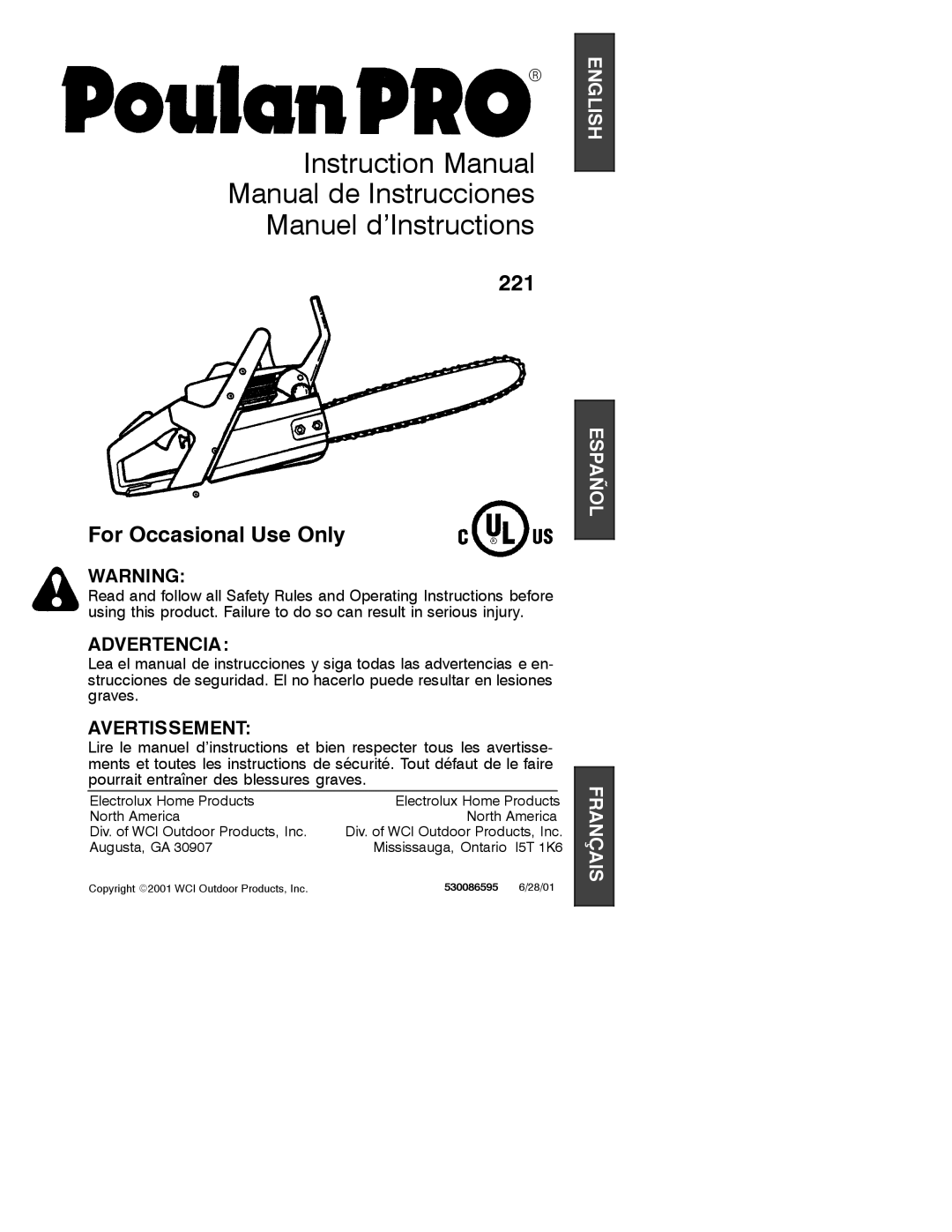 Poulan 221 instruction manual Manual de Instrucciones Manuel d’Instructions 