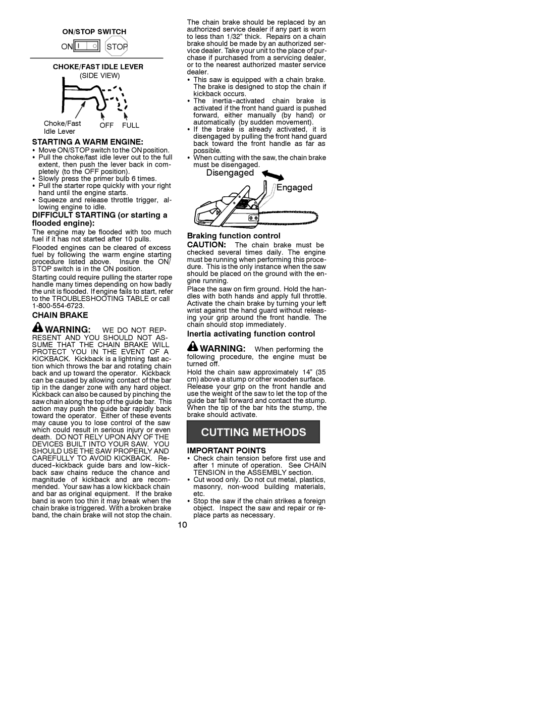 Poulan 221 Starting a Warm Engine, Difficult Starting or starting a flooded engine, Inertia activating function control 