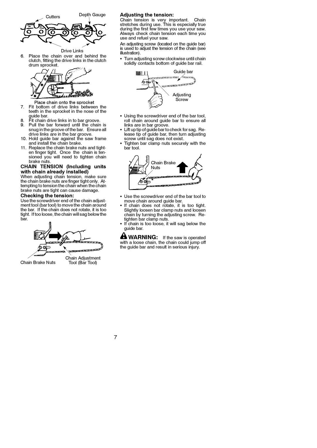 Poulan 222 Chain Tension Including units with chain already installed, Checking the tension, Adjusting the tension 