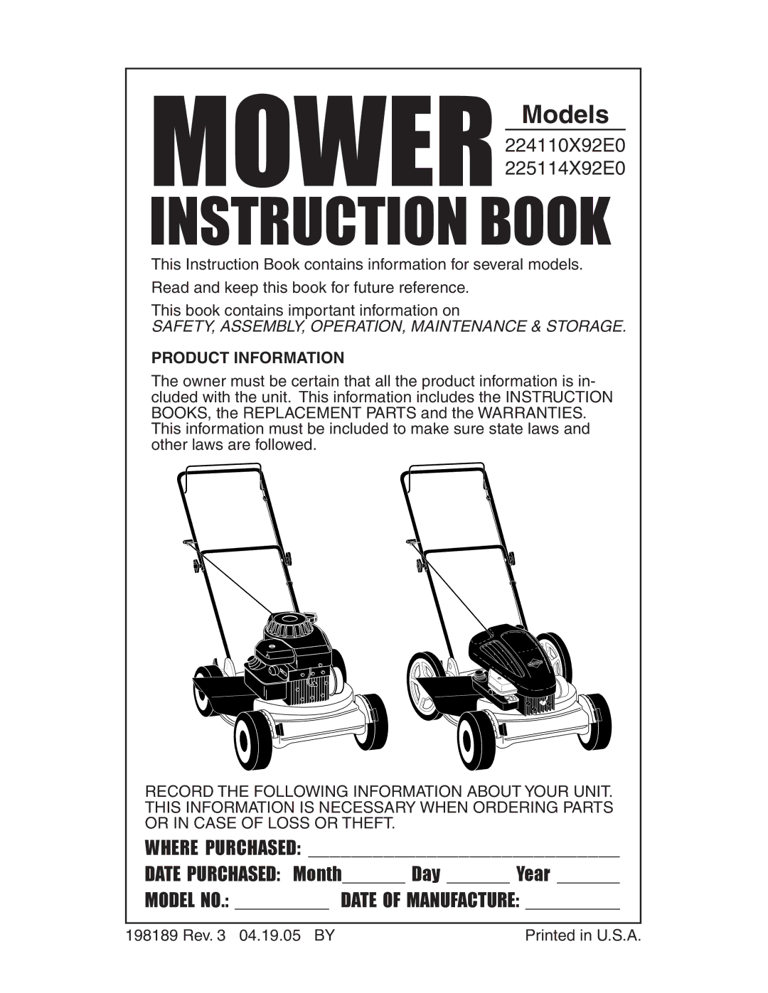 Poulan 225114X92E0, 224110X92E0, 2005-04 manual Mower Models, Product Information 