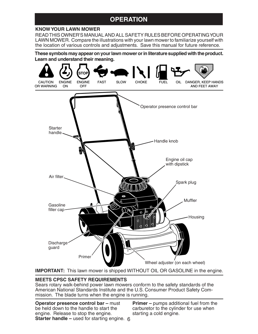 Poulan 224110X92E0, 225114X92E0, 2005-04 manual Operation, Know Your Lawn Mower, Meets Cpsc Safety Requirements 