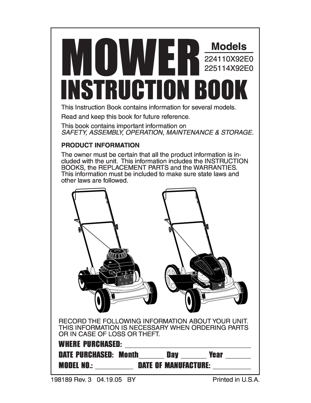Poulan 2005-04 manual Product Information, MOWER Models, Instruction Book, 224110X92E0 225114X92E0 