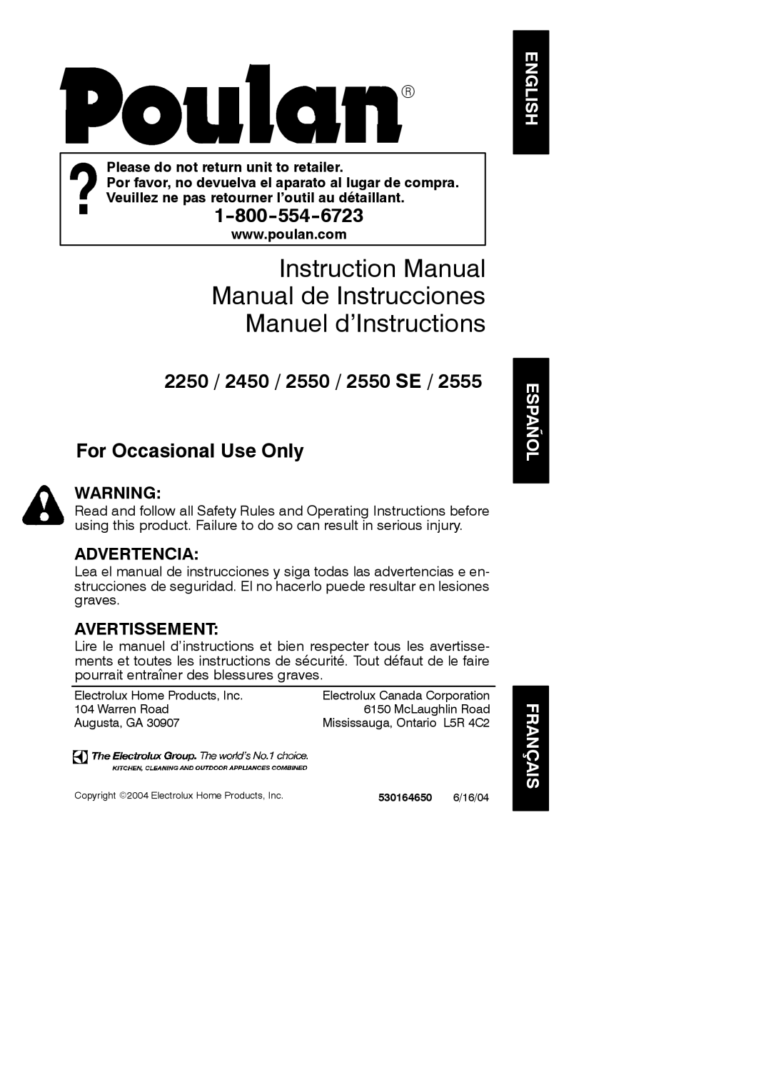 Poulan 2250, 2450, 2550, 2550 SE, 2555 instruction manual English Español Français, 16/04 