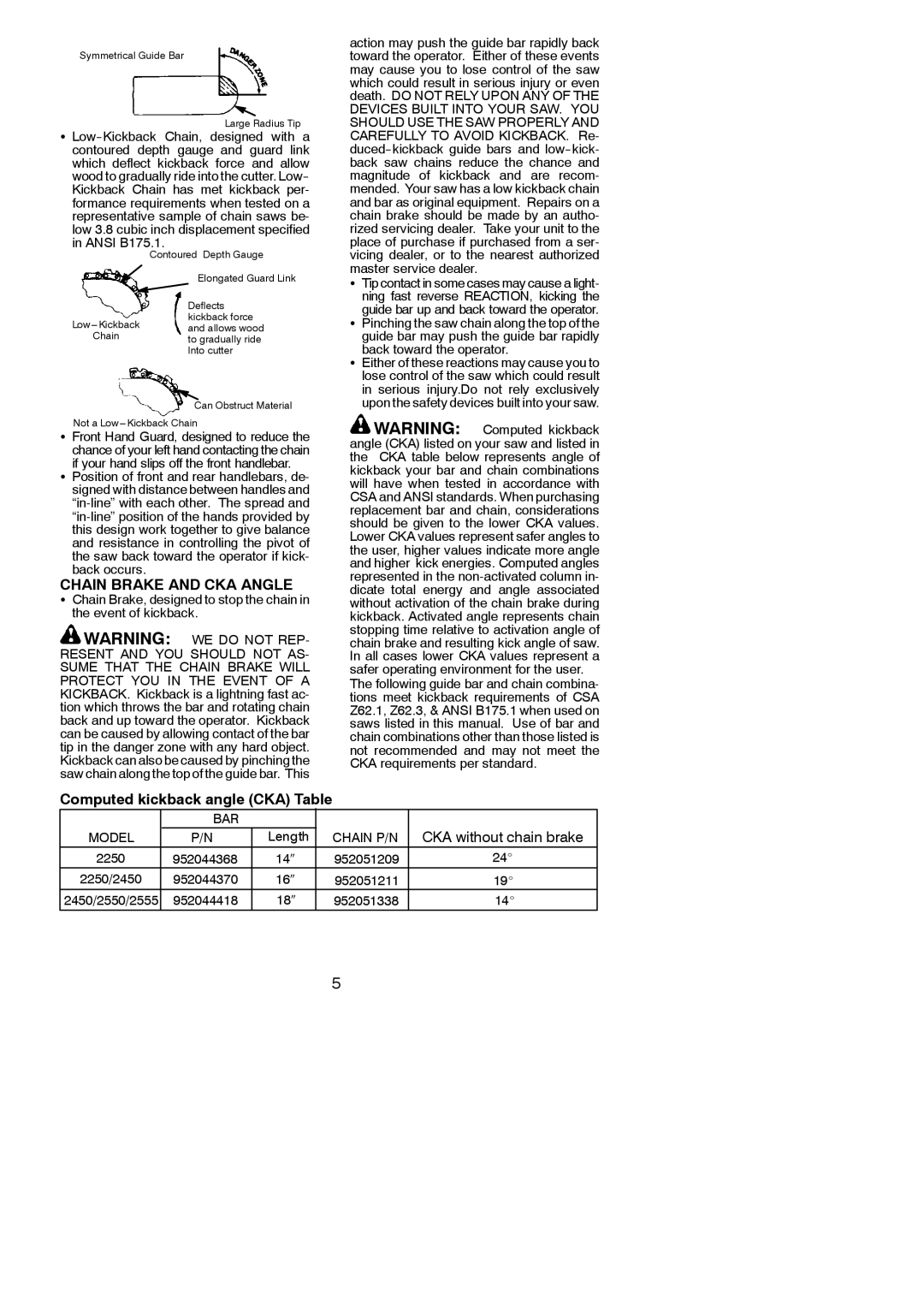 Poulan 2250, 2450, 2550, 2550 SE, 2555 instruction manual Chain Brake and CKA Angle, Computed kickback angle CKA Table 