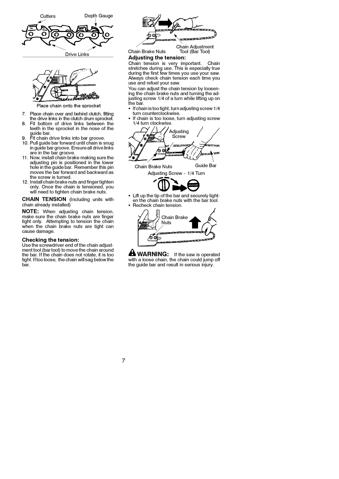 Poulan 2250, 2450, 2550, 2550 SE, 2555 instruction manual Checking the tension, Adjusting the tension, Cutters 