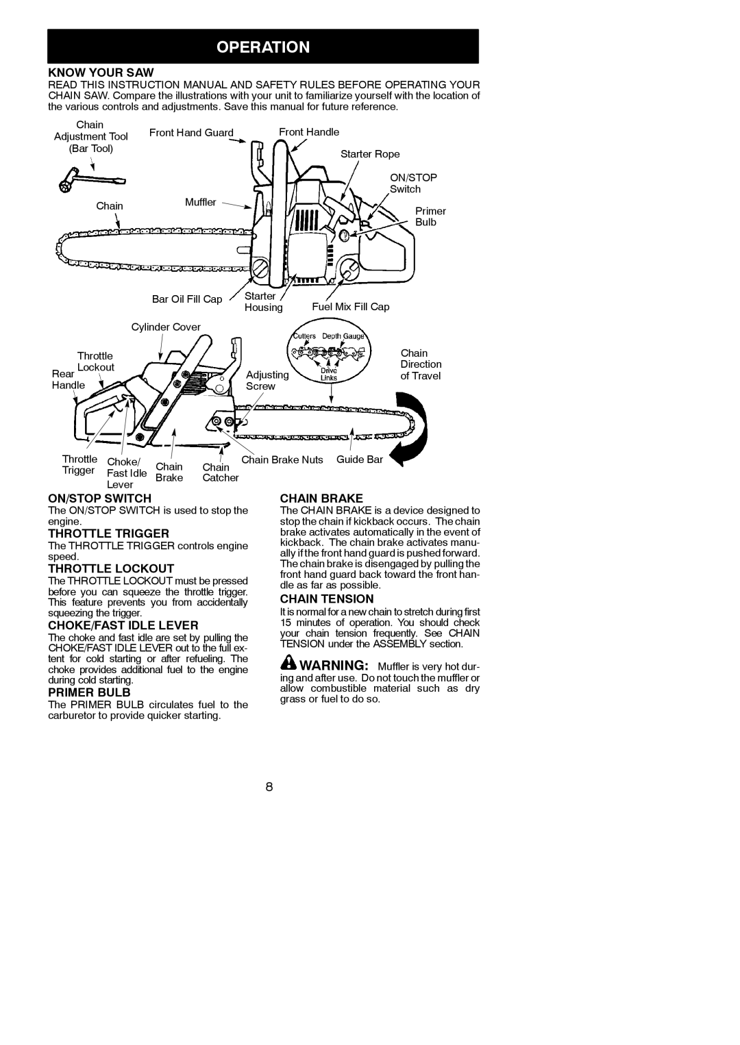 Poulan 2250, 2450, 2550, 2550 SE, 2555 Know Your SAW, ON/STOP Switch, Throttle Trigger, Throttle Lockout, Primer Bulb 