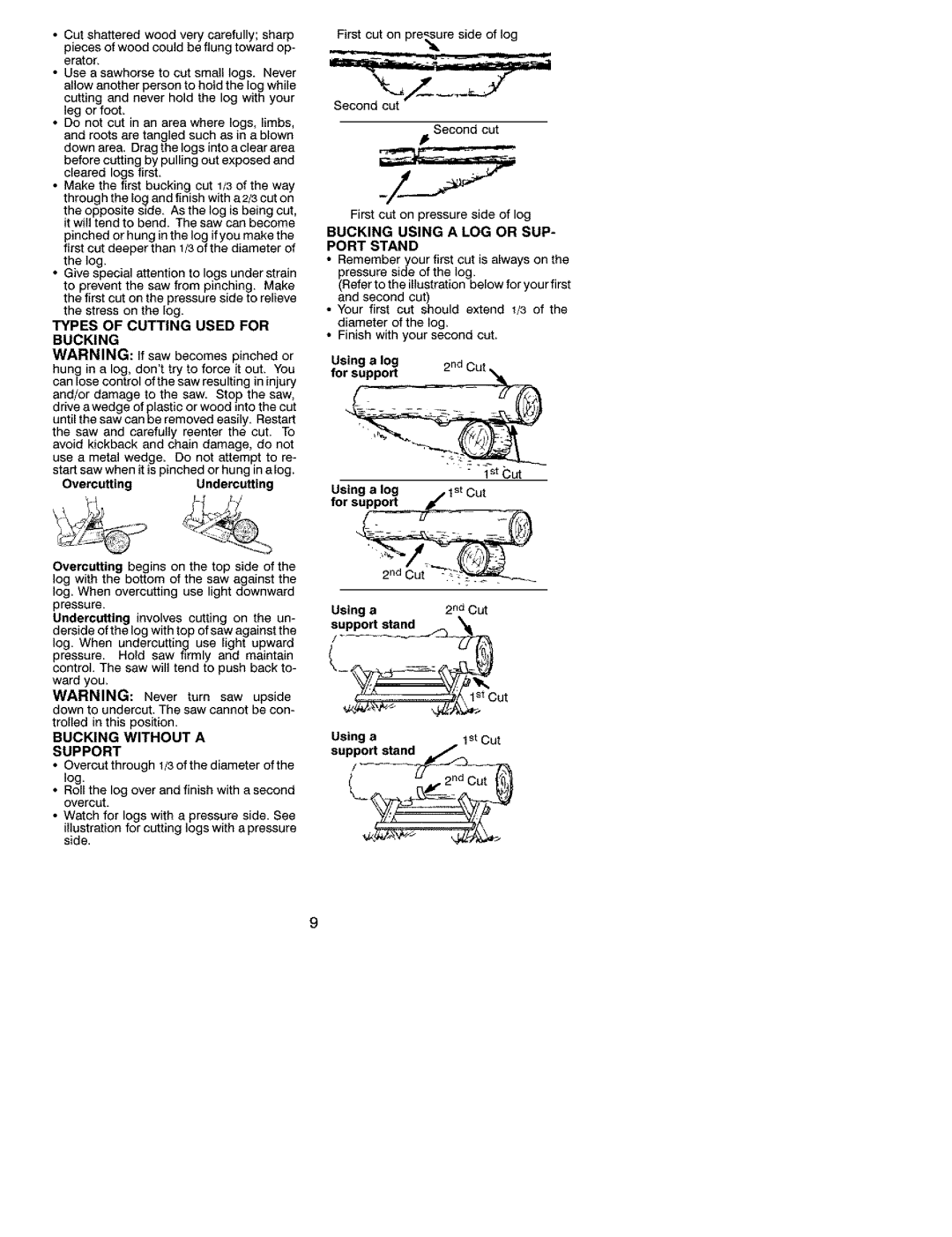 Poulan 2250, 2550 Types of Cutting Used for Bucking, Bucking Without a Support, Bucking Using a LOG or SUP- Port Stand 