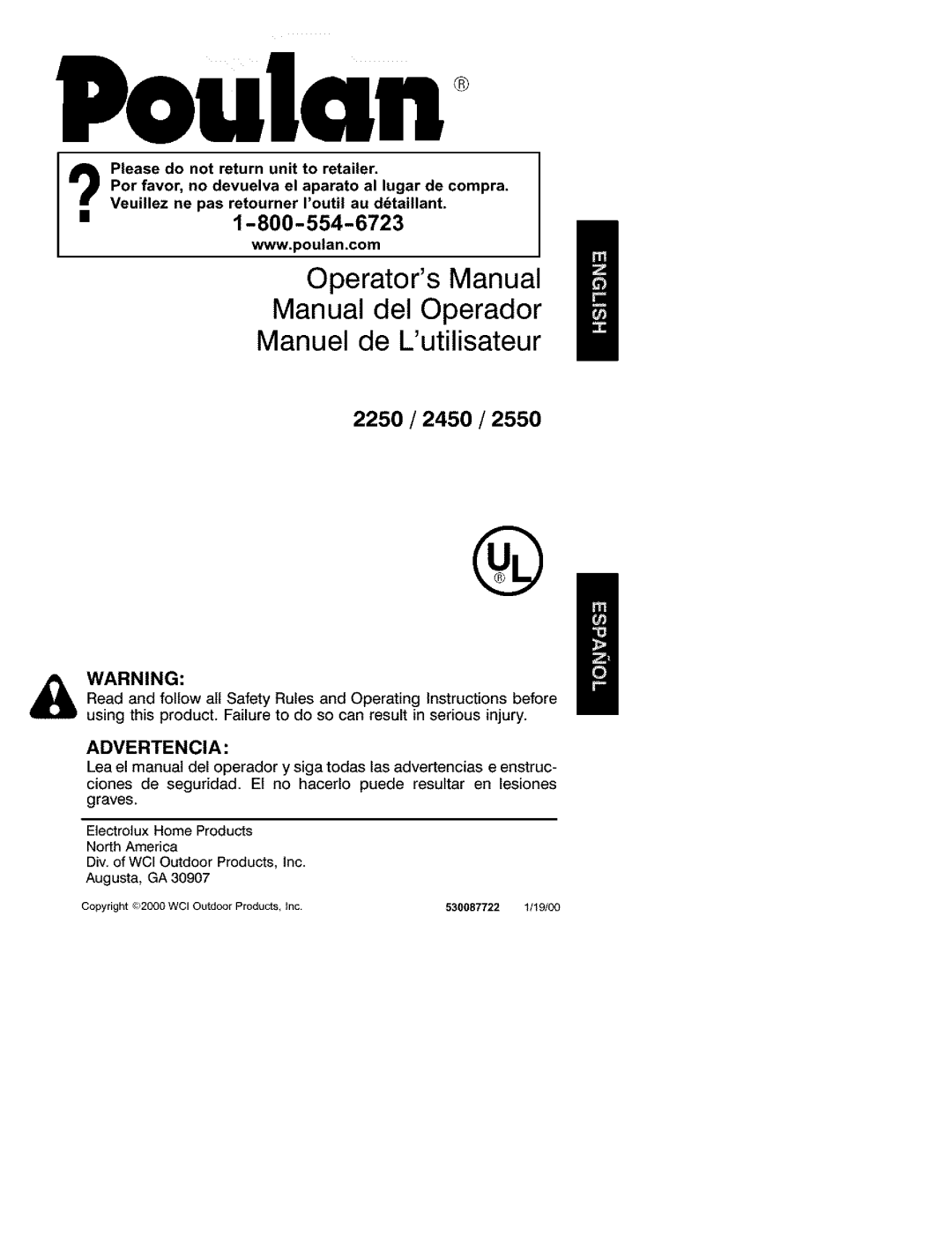 Poulan operating instructions 2250/2450/2550, Poulan, Operators Manual Manual del Operador, Manuel de Lutilisateur 