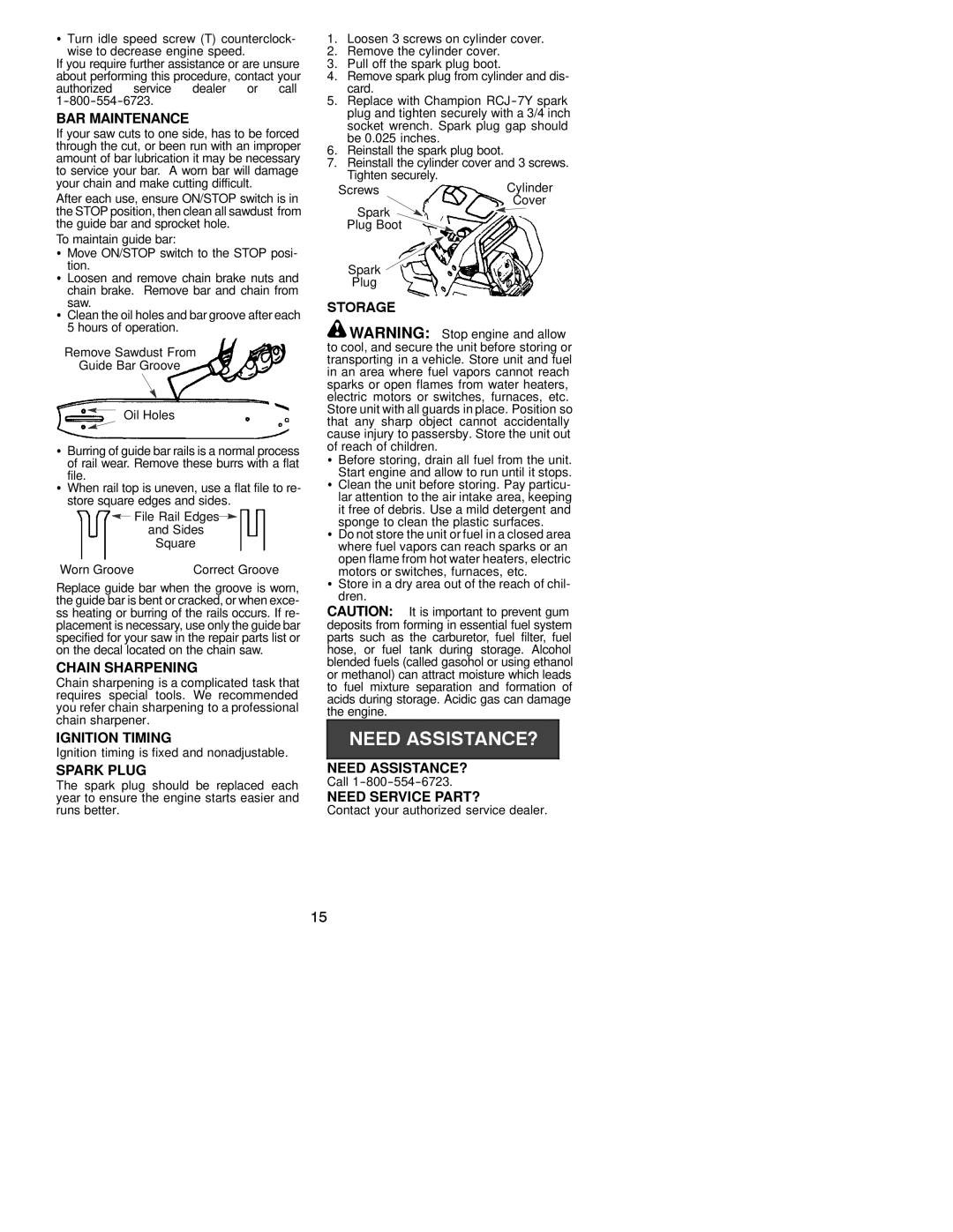 Poulan 2250 LE Series, 2450 LE Series, 2550 LE Series BAR Maintenance, Chain Sharpening, Ignition Timing, Spark Plug 