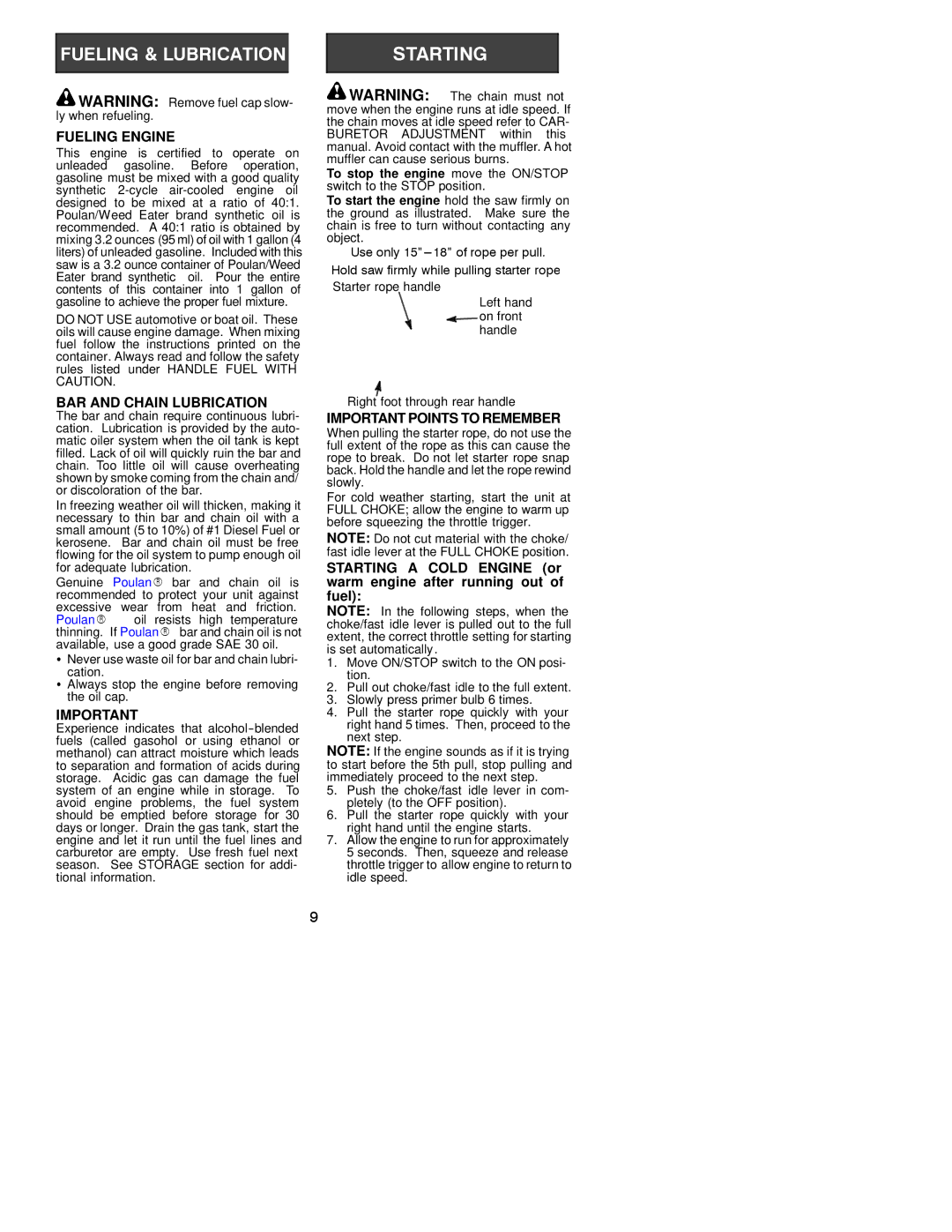 Poulan 2250 LE Series, 2450 LE Series, 2550 LE Series instruction manual Fueling Engine, BAR and Chain Lubrication 