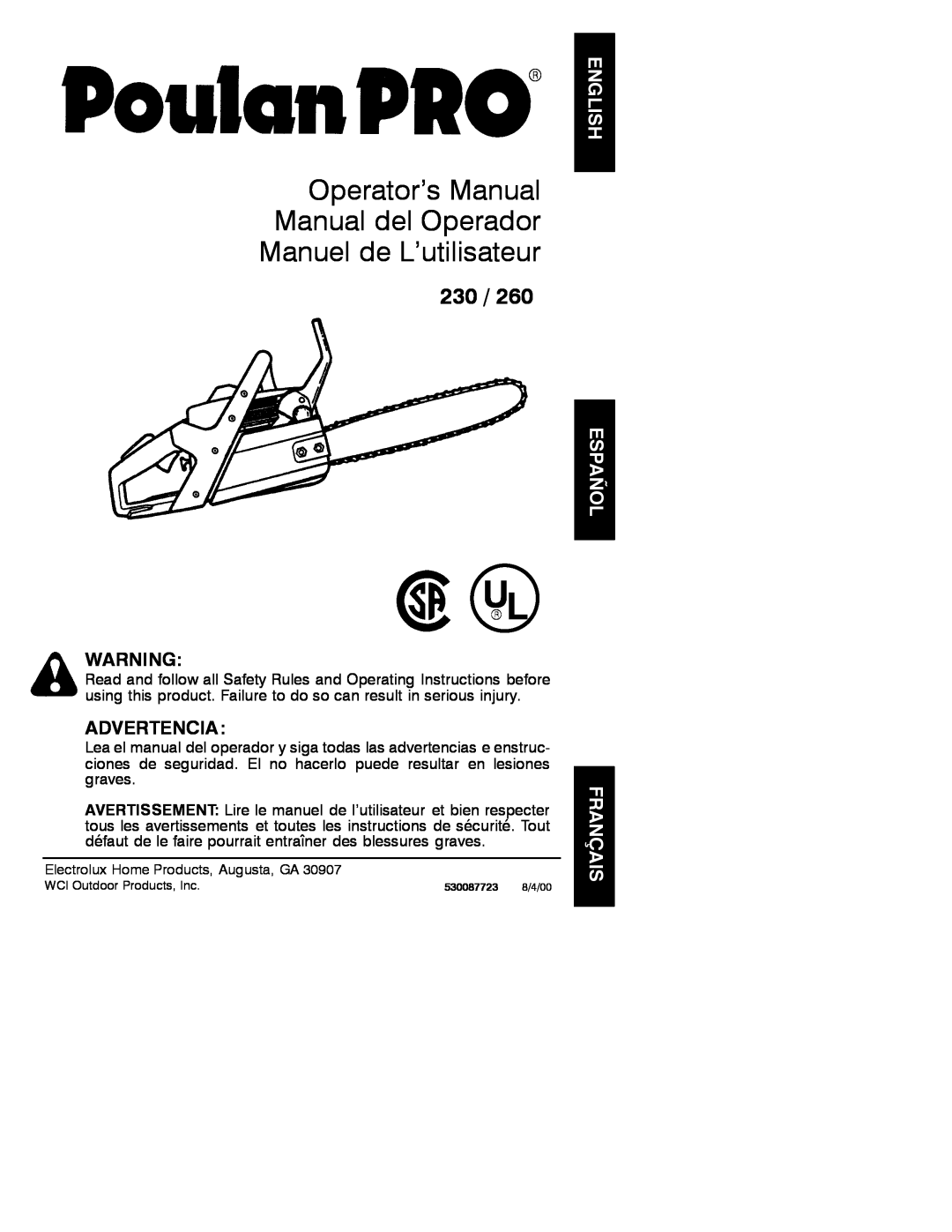 Poulan 230, 260 manual Operator’s Manual Manual del Operador Manuel de L’utilisateur, Advertencia 