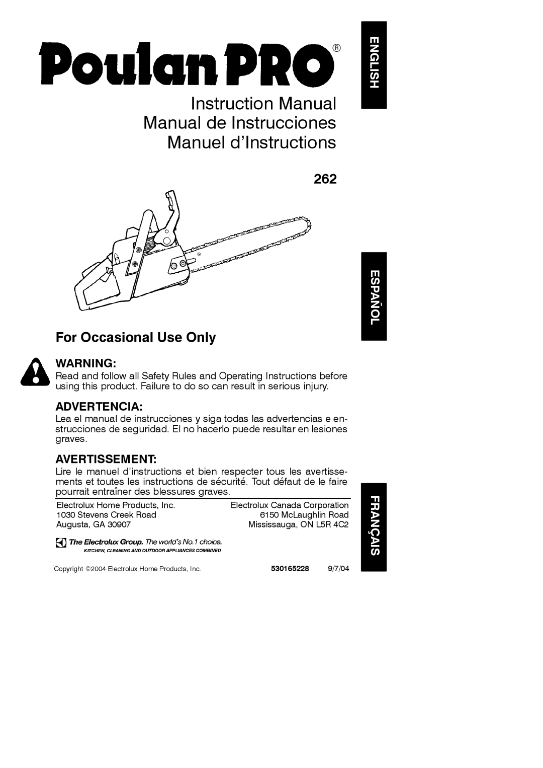 Poulan 262 instruction manual Manual de Instrucciones Manuel d’Instructions, English Español Français 